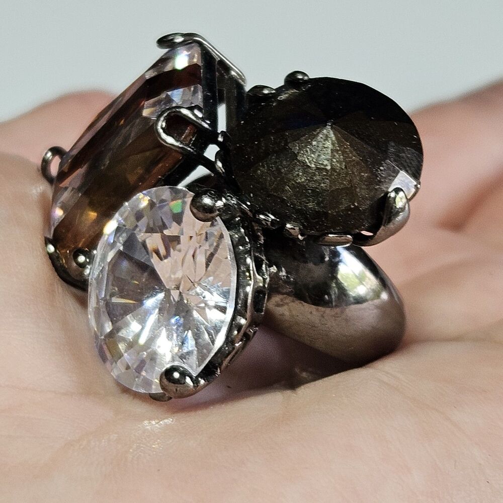 Henri Bendel Triple Crystal Cocktail Statement Bling Ring Size 7 - Picture 2 of 14